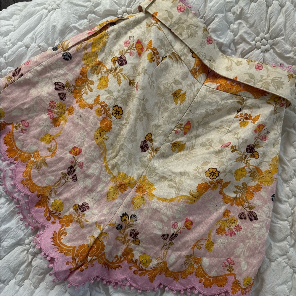 Zimmermann Pink Floral Scallop Hem Shorts with Gold Accents - Picture 2 of 4